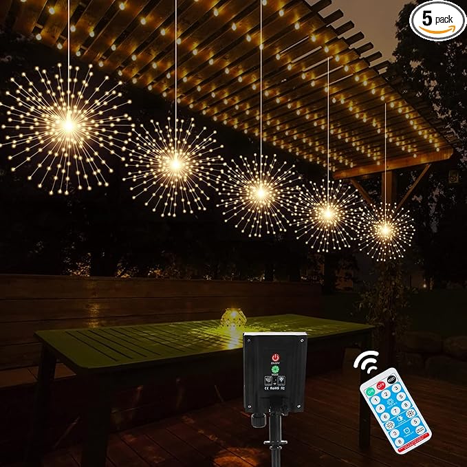 5 Pack Solar Starburst Sphere Lights 200 LED Firework Light 8 Modes Dimmable Waterproof Hanging Copper Wire Fairy Light for Patio Parties Halloween Christmas Decor (Warm White)