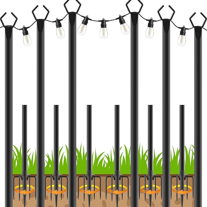 10Ft String Light Poles 6 PackLight Poles for Outside LightsOutdoor with Fence Brackets Hanging LightsMetal Stand Deck Patio Backyard