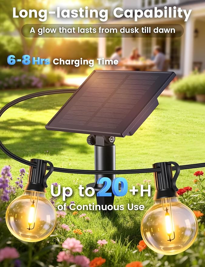 Brightever 25FT Solar String Lights Outdoor Waterproof G40 Solar Lights with Remote and 10+1 LED Shatterproof Globe Bulbs Dimmable&amp3 Lighting Modes Solar Power Patio Lights for Balcony Garden P
