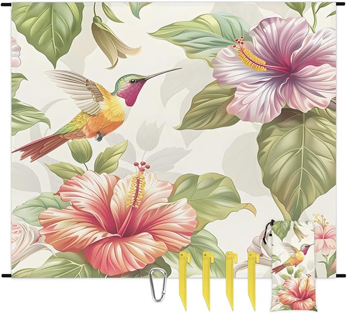 Waterproof Sandproof Beach Blanket 59''×68'' Flower-Hummingbird Polyester Outdoor Picnic Blanket with 4 Stakes &amp Storage Bag for BeachCampingVacation White