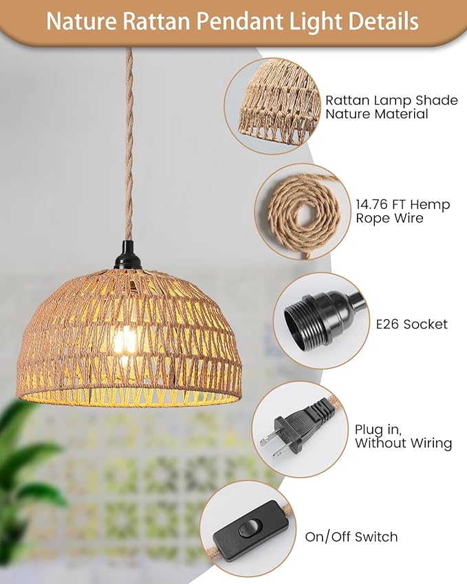 Rattan Hanging LampBoho Pendant LightsPlug in Cord Hanging Rattan LightPlug Into Wall Outlet Pendant Light Fixture On/Off Switch for LivingDinner RoomBedroomKitchenfor E26without Bulb