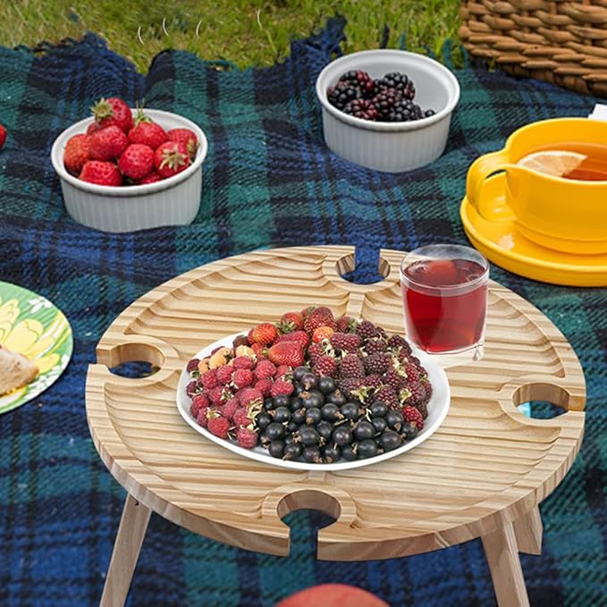 ARTIBETTER Folding Picnic Table with Bottle Rack Wooden Beach Table Mini Foldable Low Camping Desk for Travel and BBQ