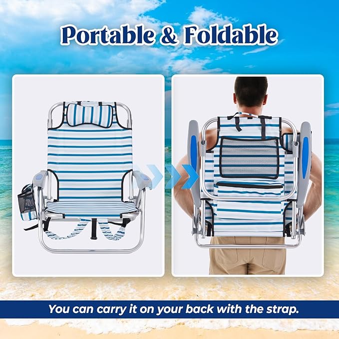 2 Pack Lightweight Portable Camping Beach Chair for Adults Outdoor Lay Flat Folding Beach Chairs with 5 Positions Backpack Beach Chair with Towel Bar Zipper Pouch Cup Holder White Striped