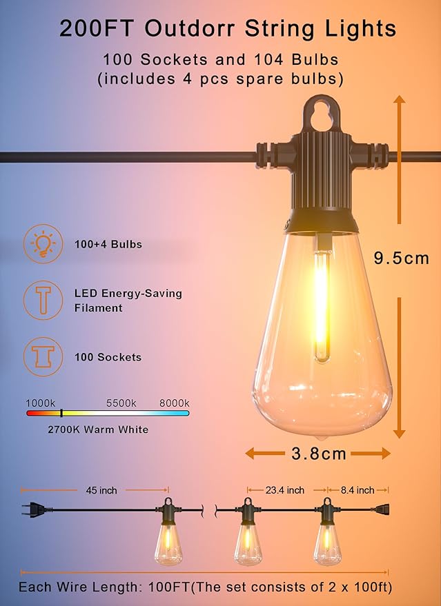 Outdoor String Lights 200FT Patio Lights with 100 Shatterproof ST38 Globe Bulbs(4 Spare) Waterproof Connectable Dimmable LED Hanging String Lights for Outside Backyard Porch Balcony(100FT x 2)