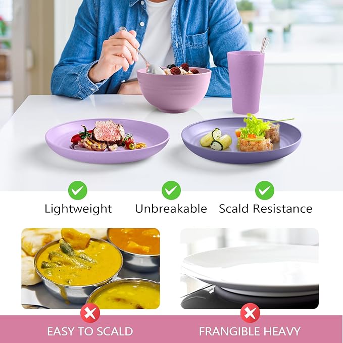 Teivio 32-Piece Kitchen Plastic Wheat Straw Dinnerware Set Service for 8 Dinner Plates Dessert Plate Cereal Bowls Cups Unbreakable Colorful Plastic Outdoor Camping Dishes Purple Ombre