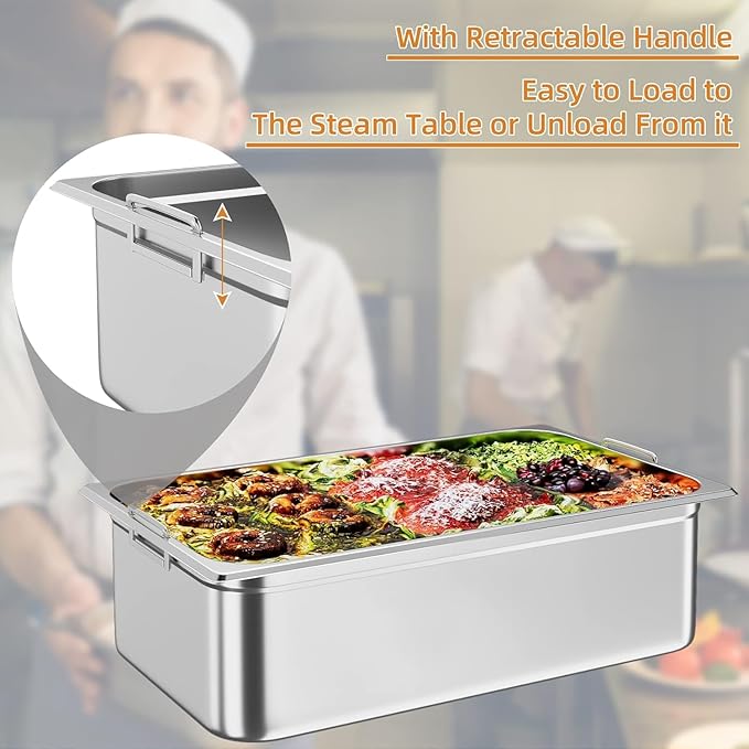 6 Pack Full Size Hotel Pan Commercial Catering Hotel Pan [NSF Certified][with Handle &amp Lid] Commercial Stainless Steel 6 Inch Deep Anti-Jamming Steam Table Pan
