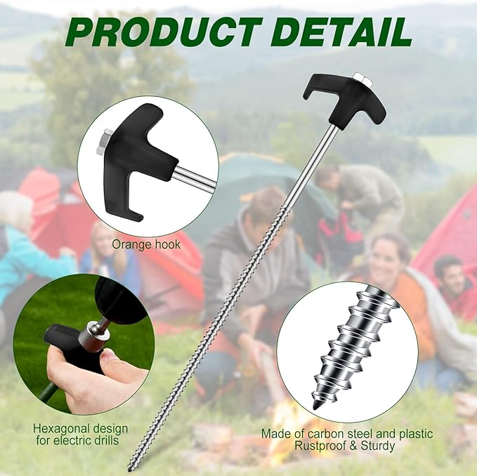 Hicarer 20 Pcs 12 Inch Tent Stakes Screw in Camping Stakes Heavy Duty Metal Spikes Ground Anchor Peg Threaded Tent Spikes with Hex Head Driver for Camping Garden Inflatable (Black)