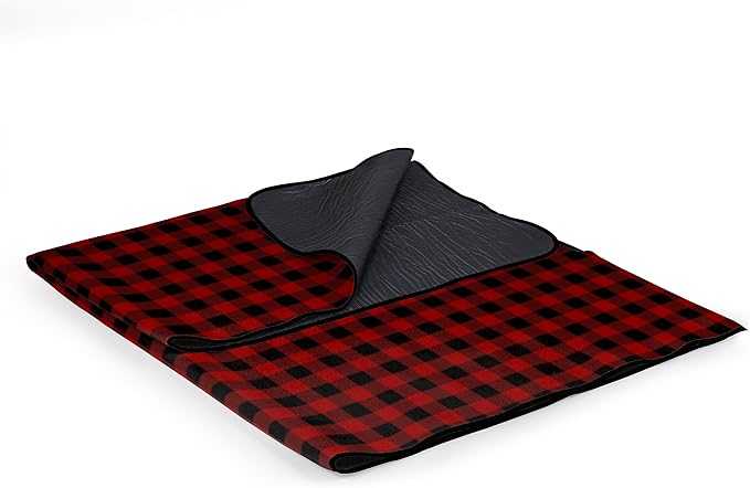 PICNIC TIME Outdoor Picnic Blanket Tote 59x51 Foldable Beach &amp Camping Blanket with Soft Fleece Water-Resistant Bottom Adjustable Strap &amp Zippered Pocket (Red &amp Black Buffalo Plaid)