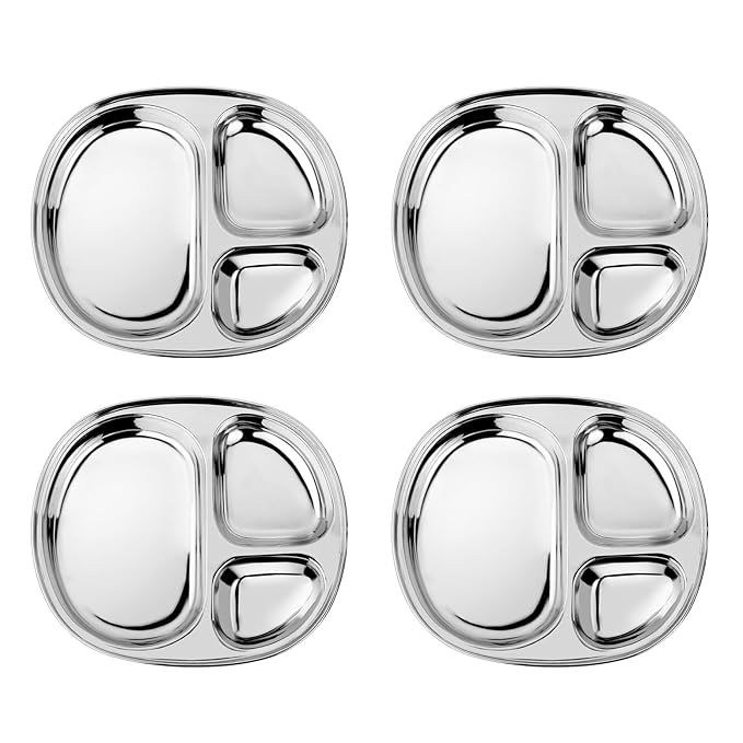 Ahimsa Stainless Steel Plates For Kids Pediatrician Designed Divided Plates for Toddlers &amp Baby Non Toxic Unbreakable &amp Dishwasher Safe Set of 4