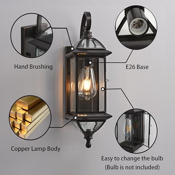 Milaii 18.5 H Copper Outdoor Wall Lights Exterior Waterproof Wall Sconce Light Fixture E26 Socket Oil Rubbed Bronze Porch Light with Clear Glass Lantern Wall Lamp for Front Porch Garage Patio