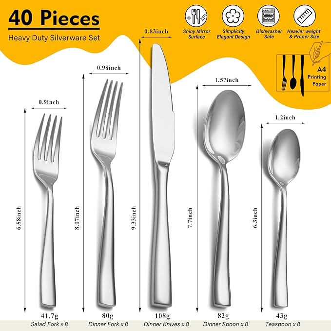 Heavy Duty Silverware Set for 8 EIUBUIE 40 Piece Stainless Steel Flatware Cutlery Set Durable Kitchen Eating Utensils Tableware Sets Including Fork Spoon Knife Sets Mirror Polished Dishwasher Safe