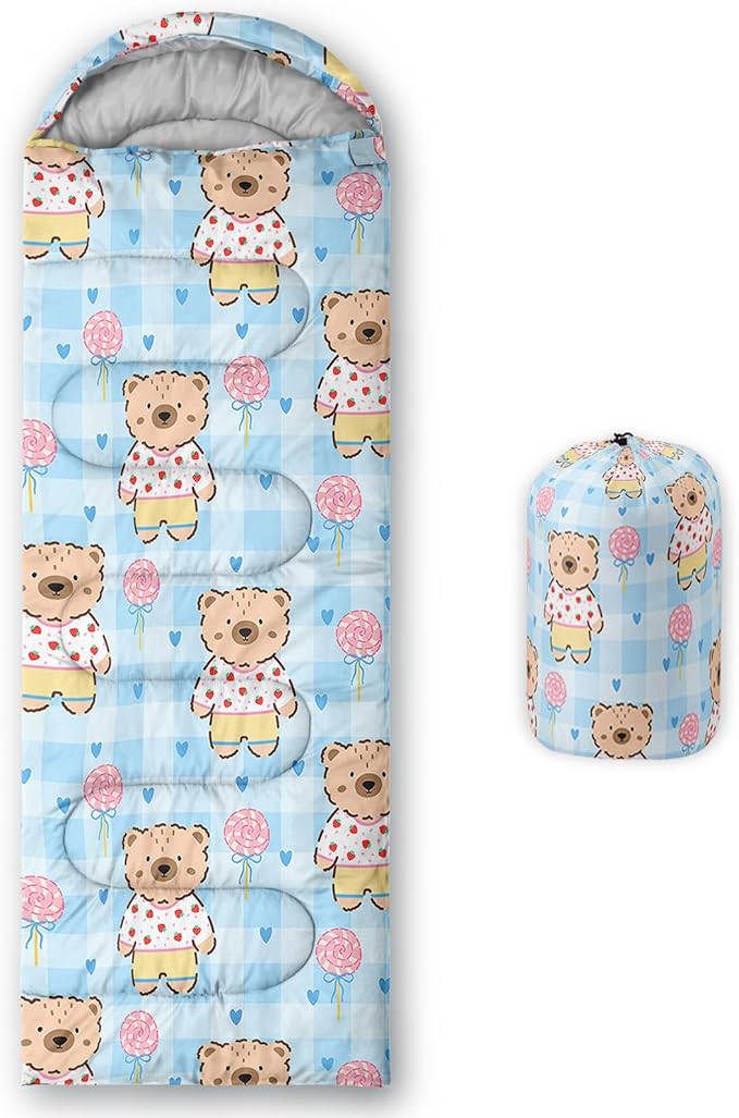 Cute Bear Sleeping Bag for Girls KidsKawaii Milk Tea Waterproof Portable Camping Bag3 Season Warm Cool Weather Lightweight Compact Camping Essentials Gear for Travelling Hiking Yellow