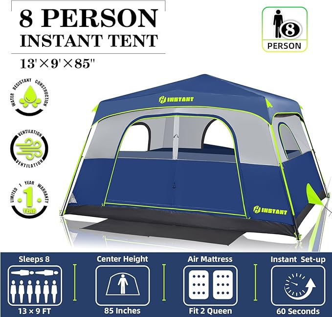 4/6/8 Person Instant Tent Waterproof Pop Up Tents for Camping with Rainfly 60 Seconds Easy Setup Automatic Cabin Tent for Family Camping with Expandable Carry Bag &amp Upgraded Ventilation