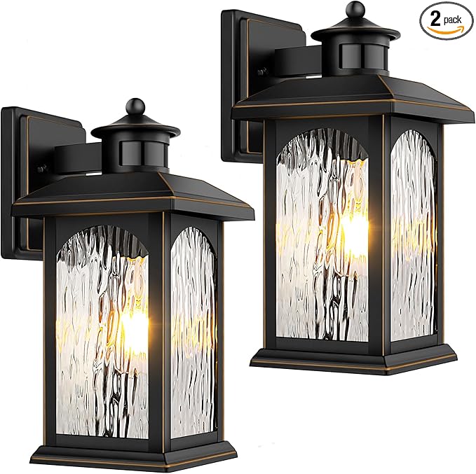 2 Packs Motion Sensor Outdoor Sconce - Advanced Dusk to Dawn Outdoor Lighting Retro Motion Sensor Porch Light Fixtures Black Waterproof Exterior Lantern Wall Mount for Garage Outside Anti-Rust
