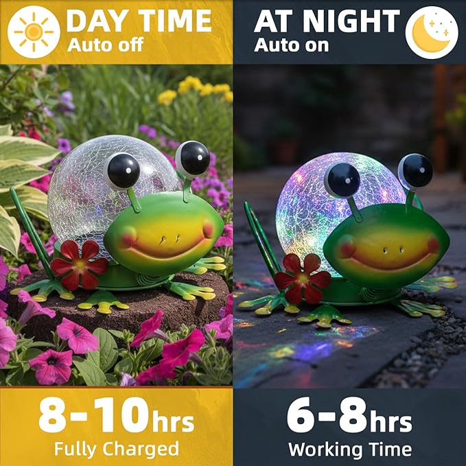 Solar Lights Outdoor Frog Garden Decor with Crackle Glass Globe Lights - Cute Metal Frog Decor for Yard Lawn Patio Porch Pathway Tabletop Housewarming Gifts for Mom Women