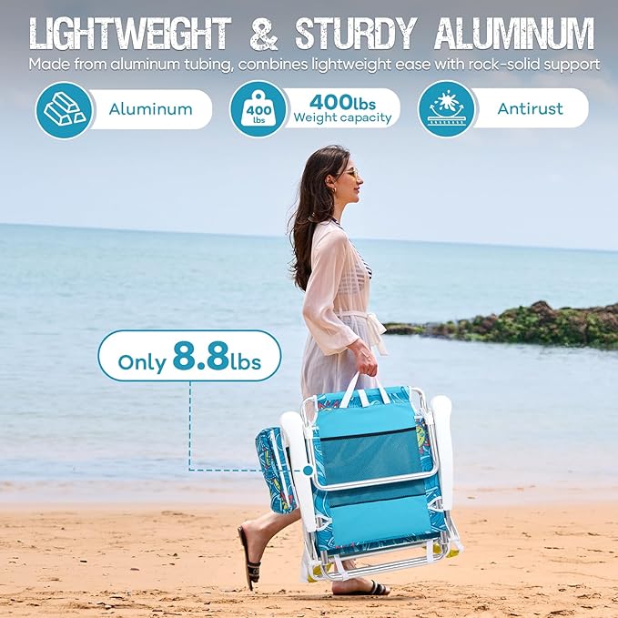 Old Bahama Bay Backpack Beach Chair 2 Pack Aluminum Lightweight Reclining 5-Position Lounge Chair for Adults Heavy Duty Support 400 LBS Portable Folding with Cooler Bag Camping Chair for Sand Outdoor