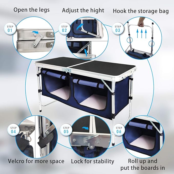 CampLand Outdoor Folding Table Aluminum Lightweight Height Adjustable with Storage Organizer for BBQ Party Camping