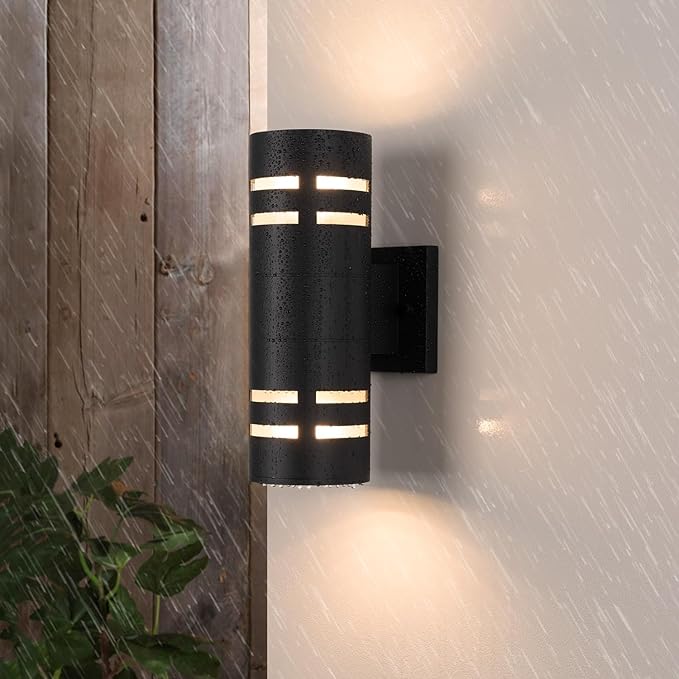 mirrea 12in Modern Outdoor Porch Light Patio Light in 2 Lights with Aluminum Cylinder and Tempered Glass Cover Waterproof Wall Sconce Matte Black 2 Pack