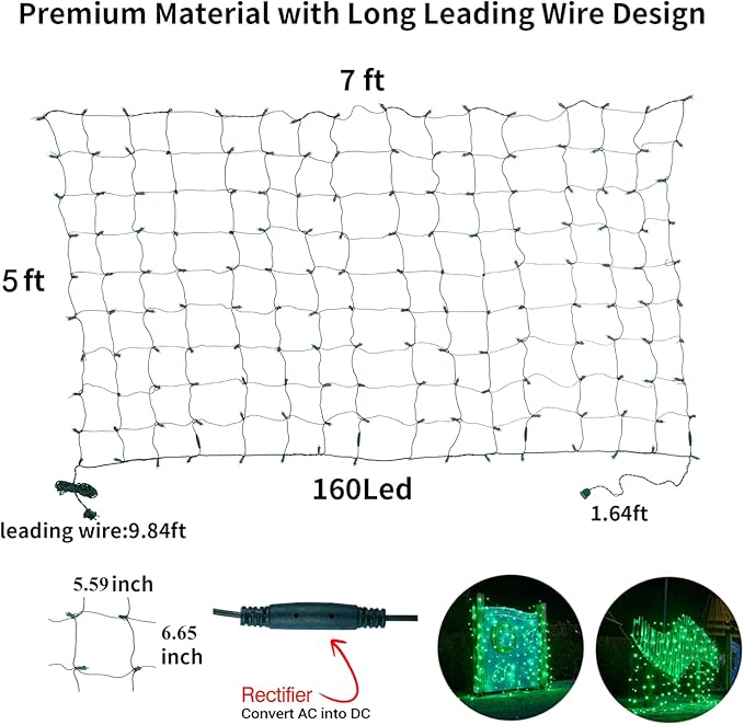Led Christmas Net Lights Green Outdoor Christmas Lights 160LED 5ftx7ft Waterproof Outdoor Indoor Fairy Mesh Net Light for Xmas Party Yard Patio Trees Shrubs Bushes Decorations
