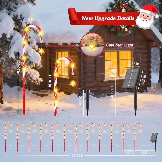 WdtPro 10-Pack Upgraded Solar Christmas Candy Cane Lights Solar Pathway Lights Waterproof Christmas Decorations Outdoor with 10 Modes and Bright 60 LED for Yard Garden Lawn Patio Party Decor