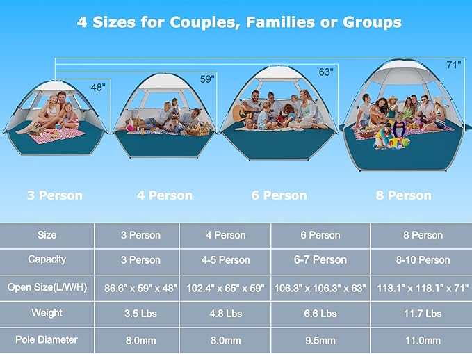 COMMOUDS Beach Tent Sun Shade for 3/4/6/8 Person UPF 50+ Beach Sun Shelter Canopy Tent Lightweight Easy Set Up and Carry