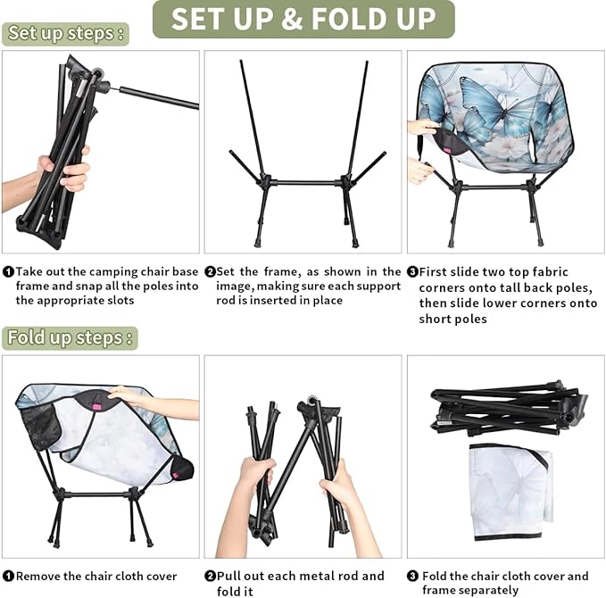 Portable Camping Chair Flowers Butterfly Ultralight Folding Camping Chair Abstract Butterfly Backpacking Hiking Chair with Cup Holder for Outdoor Travel Beach Picnic Festival 176 lbs Capacity