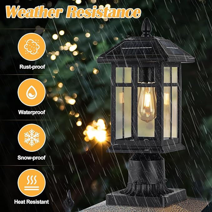 Solar Post Lights 2 Packs Waterproof Post Lantern with Pier Mount Base Aluminum Post Lamp Warm White Bulb Included for Yard Garden Pillar Pole Pathway