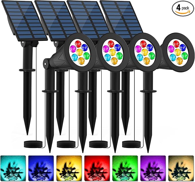 T-SUNUS RGB Solar Landscape Spotlights Christmas Color Changing Spot Lights Waterproof IP65 Garden Pond Light 180° Adjustable Wall Tree Light Separately Installed for Outdoor/Indoor Halloween 4 Pack