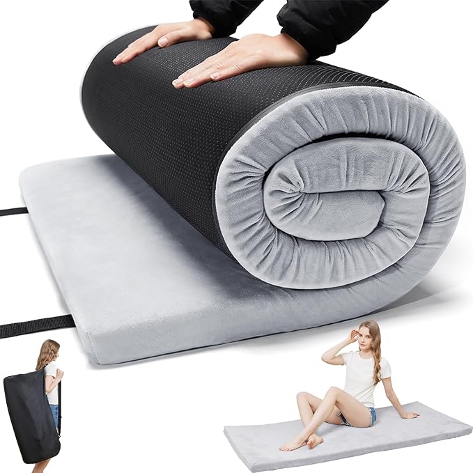 Foam Camping Mattress - Portable Sleeping Pad for Camping Tent Car &amp Floor - Washable Cover &amp Roll Up Travel Bag - Cot Mattress for Travel &amp Guests