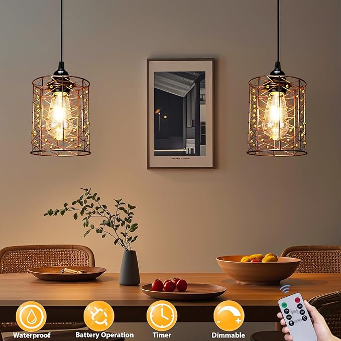 Battery Operated Hanging Outdoor Chandelier Battery Power 5′′×6′′ Pendant Light Gazebo Lights Outdoor 4 AA Batteries for Gazebo Pergola Porch Patio Indoor Outdoor Decor Lighting (2)