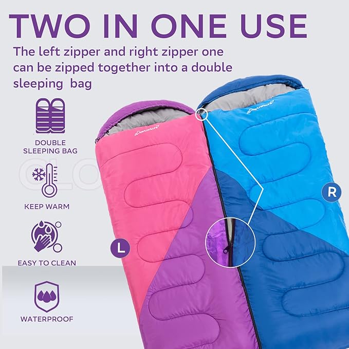 Clostnature Sleeping Bag for Adults and Kids - Lightweight Camping Sleeping Bag for Girls Boys Youths Ultralight Backpacking Sleeping Bag for Cold Weather - Compression Sack Included(Right Zipper)