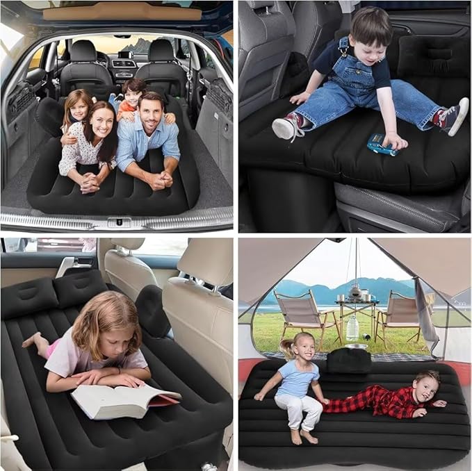 SUV Air Mattress - Thickened Double-Sided Travel Inflatable Car Bed With Electric Air Pump and 2 Pillows for Home Outdoor and Travel (Black)