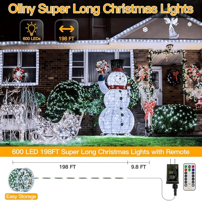 Ollny Christmas Lights 198 FT 600 LED Outdoor Waterproof Plug in Christmas Tree Lights with 8 Modes Remote Timer String Lights for House Yard Outside Indoor Xmas Decorations White