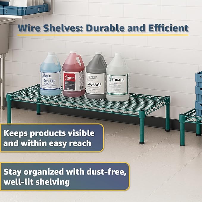 18 x 72 x 14 Green Epoxy Wire Storage Shelf Dunnage Rack Commercial 1 Tier Small Shelf