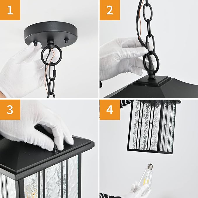 Outdoor Pendant Light Black Exterior Hanging Lights LED Outdoor Chandelier Modern Hanging Lantern for Porch Ceiling Entry Porch Patio Matte Black with Water-Rippled Glasses
