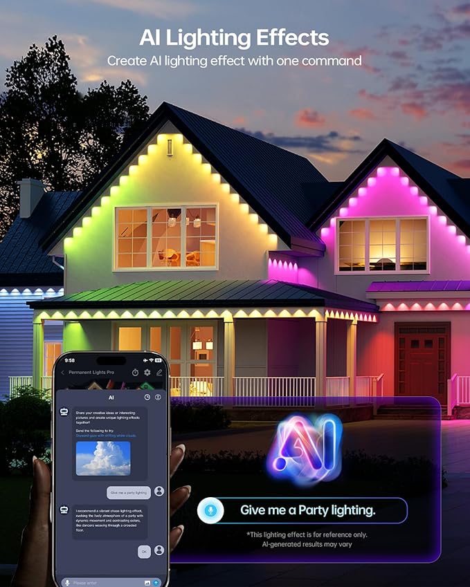 ASAHOM Permanent Outdoor Lights Pro S108D 200FT with 144 RGBCW LED Lights WLED Integrated AI Lighting 30000 Dynamic Effect IP67 Waterproof for Easter Holiday Outdoor Decor Daily Lighting Black