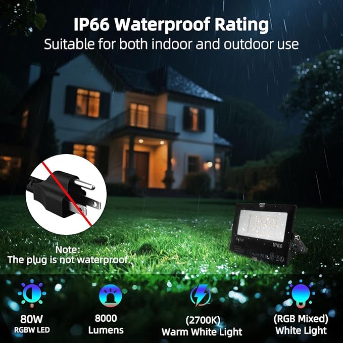 ILC LED Flood Light 80W 8000LM Outdoor RGB Color Changing Smart Floodlights RGBW 2700K Warm White &amp 16 Million Colors 20 Modes Grouping Timing IP66 Waterproof (2 Pack)