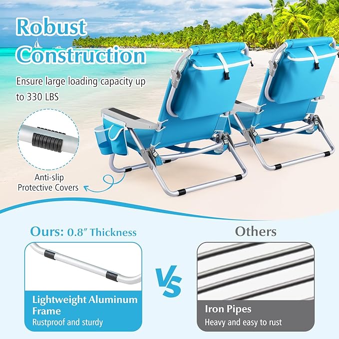 GYMAX Beach Chair 330lbs Backpack Lounger with 5-Position Backrest Storage Bag Side Pocket Towel Bar &amp Headrest Foldable Low Beach Lounge Portable Aluminum Lay Out Camp Chair (2 Light Blue)