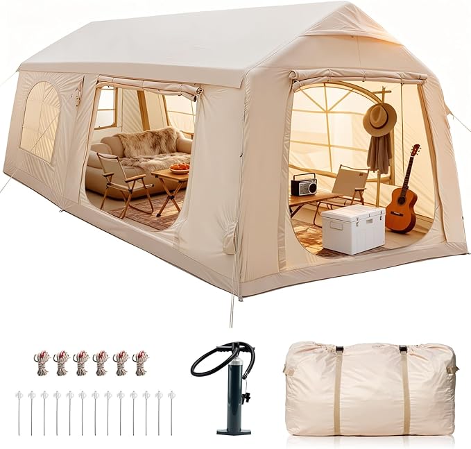 Inflatable Tents for Camping Blow Up Tent with Hand Pump Easy Setup Inflatable Hot Tent with Stove Jack Waterproof Oxford Air Glamping Tents for Camping Adult 4 Person Upgrade Version