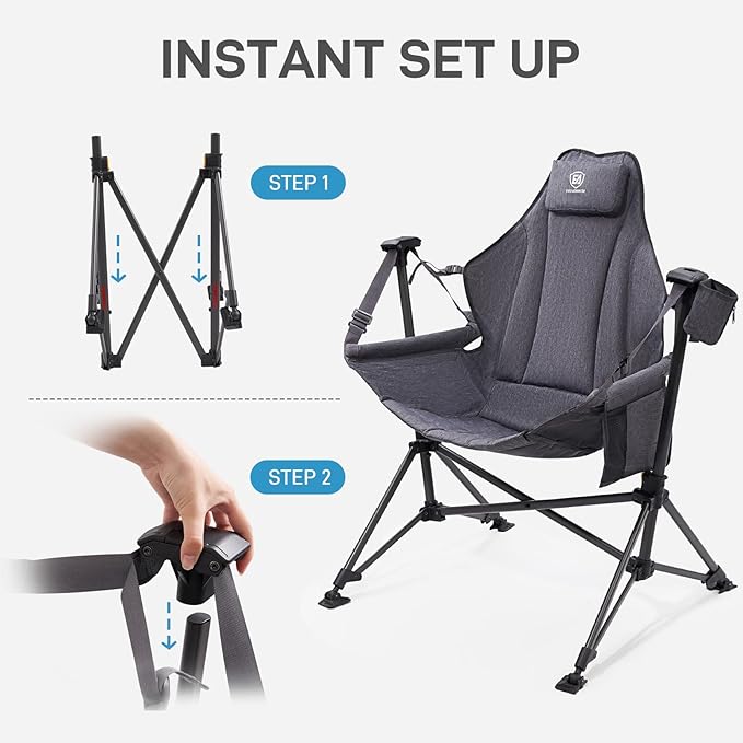 EVER ADVANCED Padded Hammock Camping Chair Oversized Heavy Duty Swing Chair with Detachable Cup Holder Portable Folding Rocking Camping Chair Support Up to 400lbs
