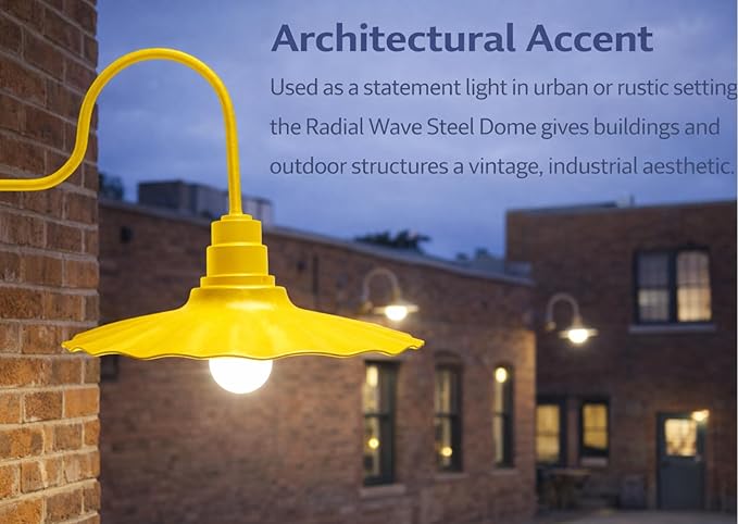 AGB102-AR20-YELLOW Radial Wave Steel Dome 29 Gooseneck Barn Light - Outdoor Dome with Incandescent Downlight | Wall-Mount Fixture Gardens Pathways &amp Outdoor Living Spaces