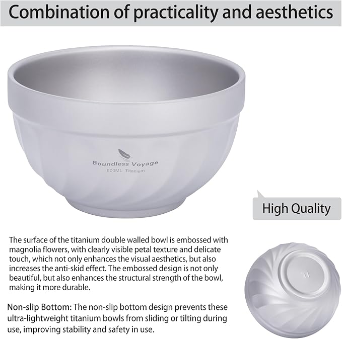 iBasingo 500ML Titanium Bowl Double Wall Insulated Camping Bowl for Soup Rice &amp Food Ultralight Portable &amp Durable Metal Tableware for Outdoor Hiking Backpacking - BPA-Free Non-Toxic Ti116