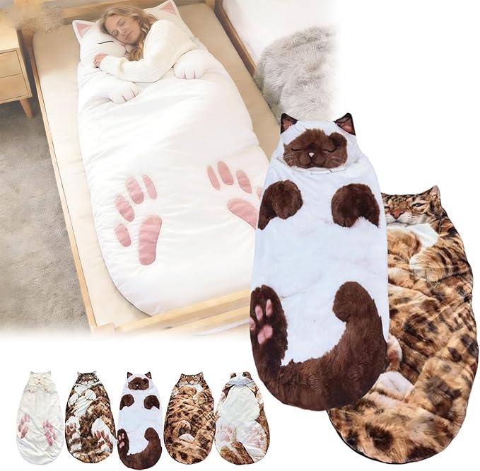 Cat Shaped Plush Sleeping Bag for Adults 69 Foldable Cat Envelope Style Lounge Blanket Soft and Washable Easy in and Out for Camping Travel or Relaxing at Home