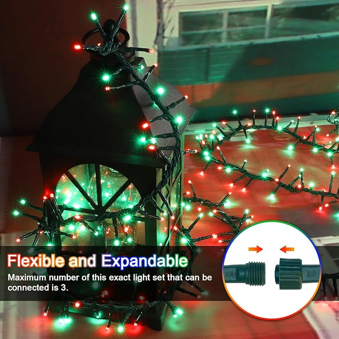 LAMPHOME 500 LED String Lights Outdoor - 16 Modes 46ft with Waterproof Green Red &amp Red-Green Cluster Lights
