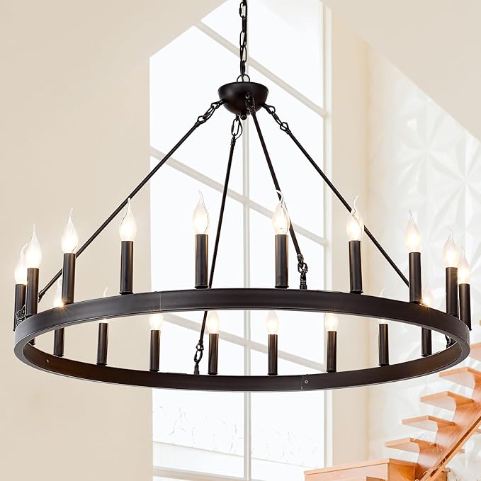 Black Wagon Wheel Chandelier 40 inch20-Light Farmhouse Wagon Wheel Chandeliers Round Industrial Ceiling Light fixtures for Porch high Ceilings Living Dining Room Foyer Entryway