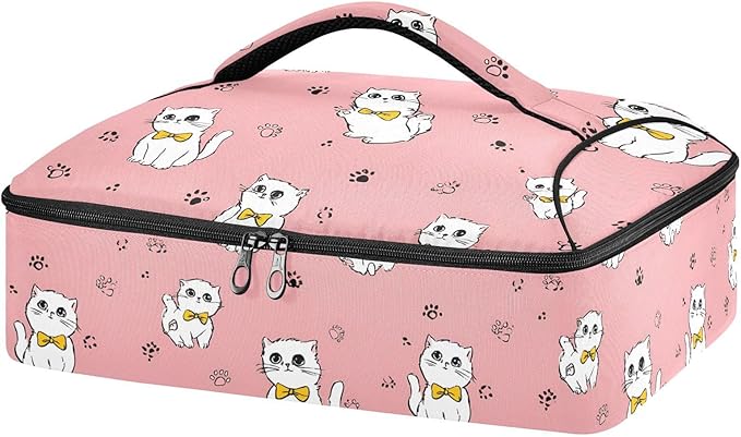 Casserole Carrier White KittensInsulated Casserole Carrier for Hot or Cold Food Thermal Lunch Tote for Potluck Parties Picnic Beach Fits 9 x 13 Inches Baking Dish