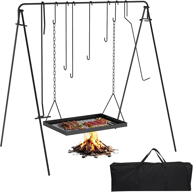 Campfire Swing Grill with Adjustable Grill Cooking RackCamp Fire Cooking Equipment Comes With 8 Hooks Accessories and handbagPortable Dutch Oven Hanger for Camping Hiking Cookware Bonfire