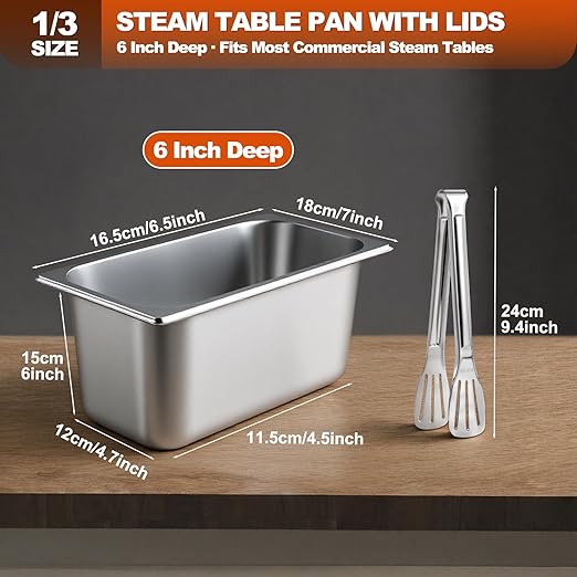6 Pack 1/3 Size Stainless Steel Hotel Pans with Lids 6 Inch Deep Steam Table Pans Anti-Jam Metal Hotel Pans with Clip for Restaurant Home Catering Food Storage