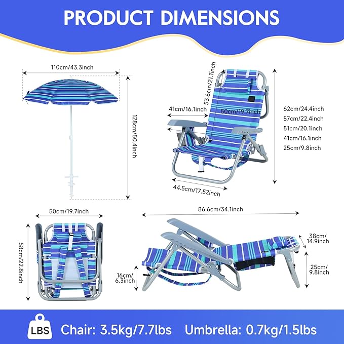CDEN Beach Chair with Umbrella for Kids Toddler Foldable Beach Chair Backpack Beach Chairs Lightweight with Side Bag Umbrella Sand Anchor (2 Pack)