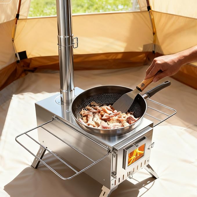unho Outdoor Wood Burning Stove for Camping Stainless Steel Chimney Pipe Outdoor Heating &amp Cooking Hot Tent Stove